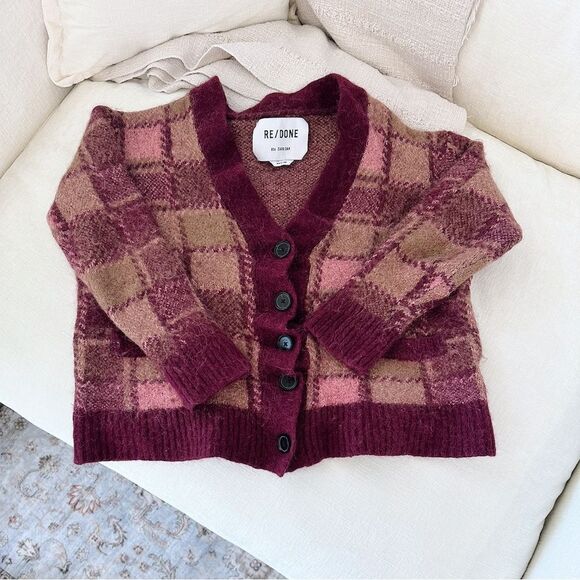 Re/Done 90’s Cardigan Sweater in Mulberry Plaid - Picture 1 of 4